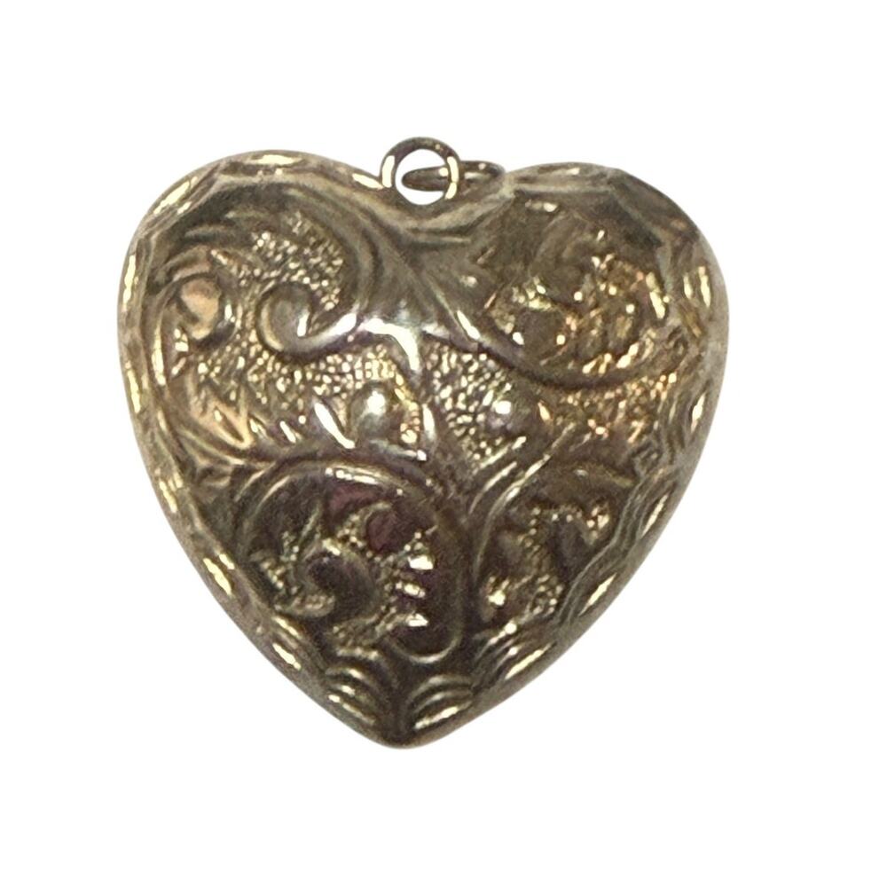 Vintage Puffy Heart Pendant Silver Tone Embossed Floral Charm 1.5in